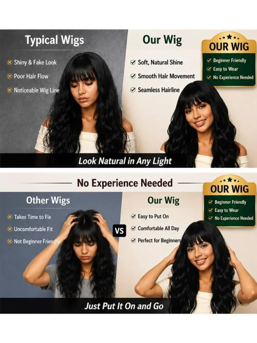 26 Inch Women's Black Soft Layered Wavy Curly Hair Wig with Natural Shine